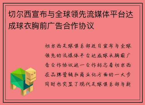 切尔西宣布与全球领先流媒体平台达成球衣胸前广告合作协议