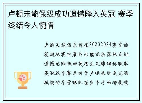 卢顿未能保级成功遗憾降入英冠 赛季终结令人惋惜 卢顿未能保级成功遗憾降入英冠 赛季终结令人惋惜