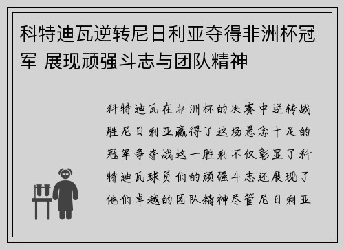 科特迪瓦逆转尼日利亚夺得非洲杯冠军 展现顽强斗志与团队精神